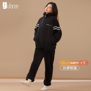 睡衣女士冬季 法兰绒可外穿拉链家居服 加厚加绒黑色秋冬珊瑚绒新款