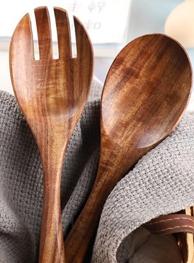 2Pcs Wooden Spoon Salad Fork Large Serving Spoon Set Wood Ki