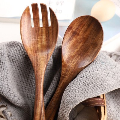 2Pcs Wooden Spoon Salad Fork Large Serving Spoon Set Wood Ki