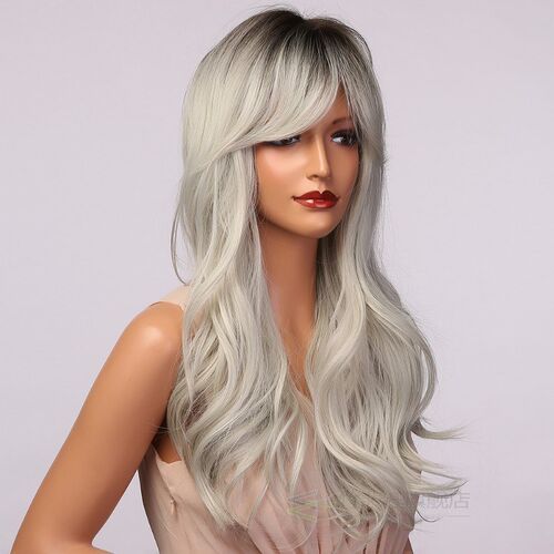 Long Wavy Black Gray Ash White Ombre Synthetic Wigs With Ban
