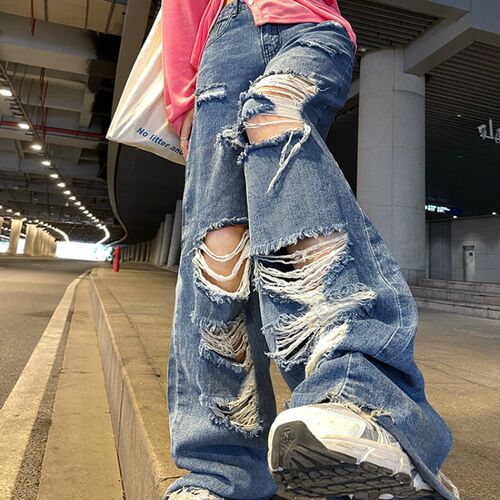 Streetwear Straight Pants Ladies Ripped Jeans High Waist Loo