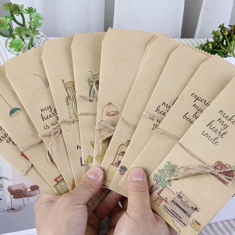 50pcs Vintage Kraft Paper Bags Retro Paper Envelopes With H