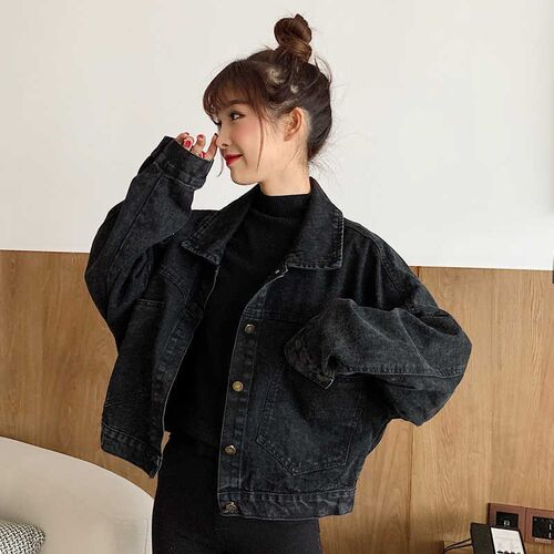 Black Denim Short Jackets Women Loose Single Breasted Button