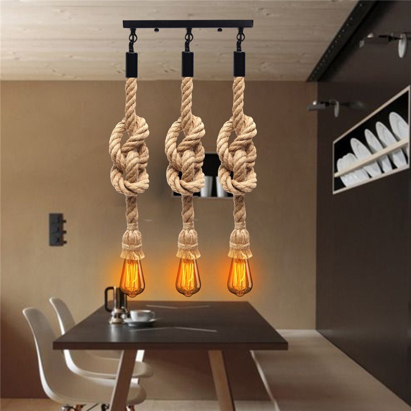 E27 Retro Three Head Hemp Rope Pendant Lamps Bulb Holder Han