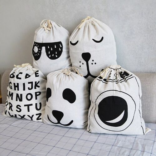 Animal Stripe Pattern Cotton Laundry Bag Toy Home Canvas Sto