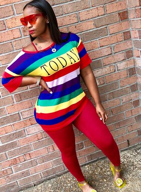 Autumn Fashion Sporting Women set Rainbow Striped Letter Pri