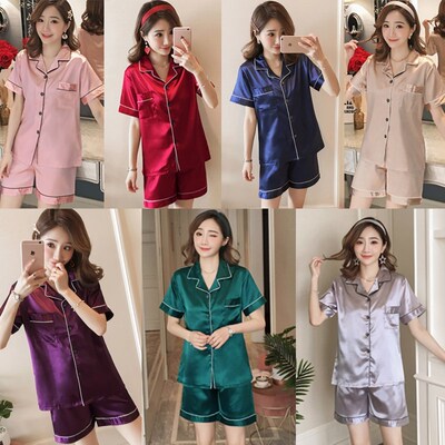 Spring Summer Women Pajamas Faux Silk Satin Pyjama Sets Shor