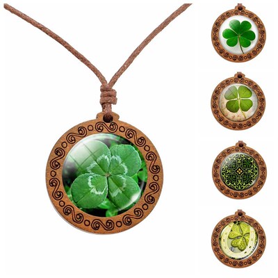 Shamrock Lucky Clover Wood Necklace Wooden Pendant Four Lea