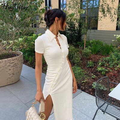 Hugcitar 2020 Short Sleeve Buttons Patchwork Slit Sexy Dress