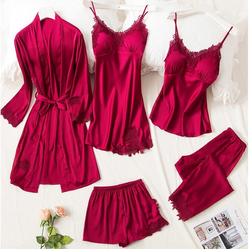 Women Pajamas 5 Pieces Pajama Sets Satin Sleepwear Pijama Si