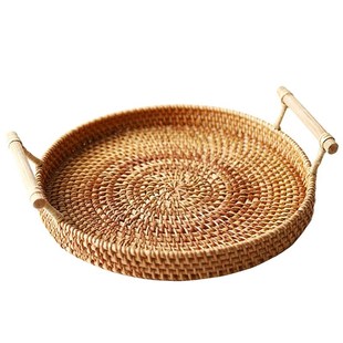 Rattan Storage Tray, Round Basket with Handle, Hand-Woven, R