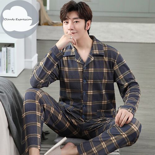 Spring Autumn Knitted Cotton Long Pajama Sets Plaid Sleepwea