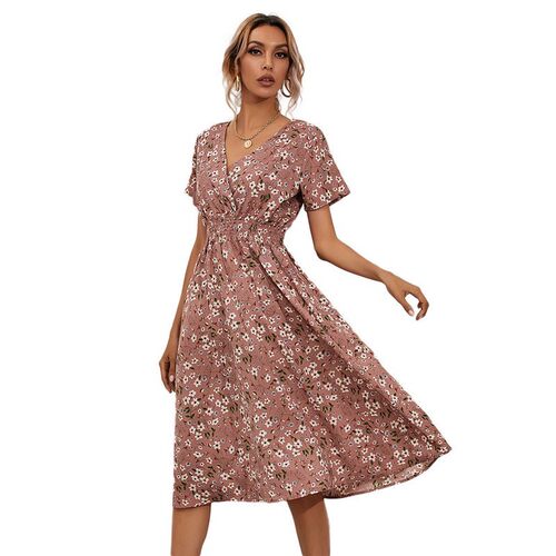 Yellow Vintage Floral Print Women Summer Dress 2021 Casual V