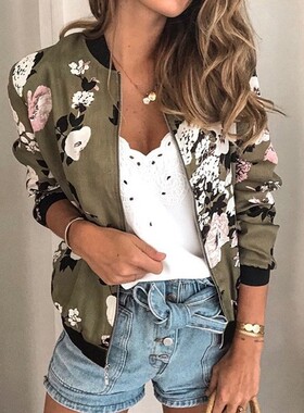 Women Jackets Retro Floral Printed Ladies Zipper Up Bomber O
