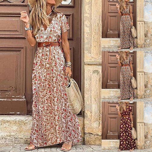 Womens Long Dress Summer V-neck Boho Belted Maxi Dress Casua