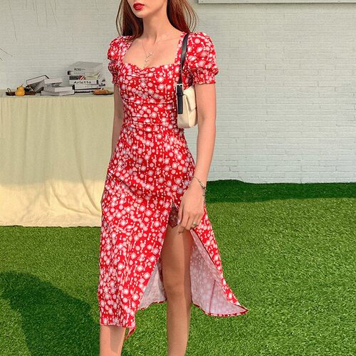 Women Summer Vintage Party Dress Lady France Style Puff Slee