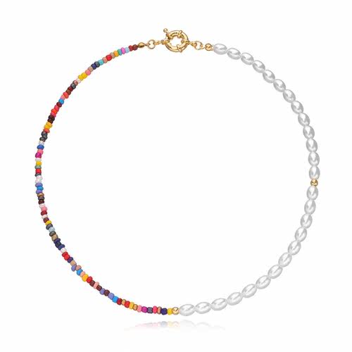 Colorful Rice Beads Imitation Pearls Necklace for Women Gold