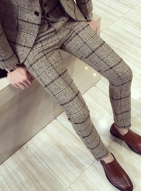 Autumn Winter Mens Plaid Pants British Slim Fit Dress Pants