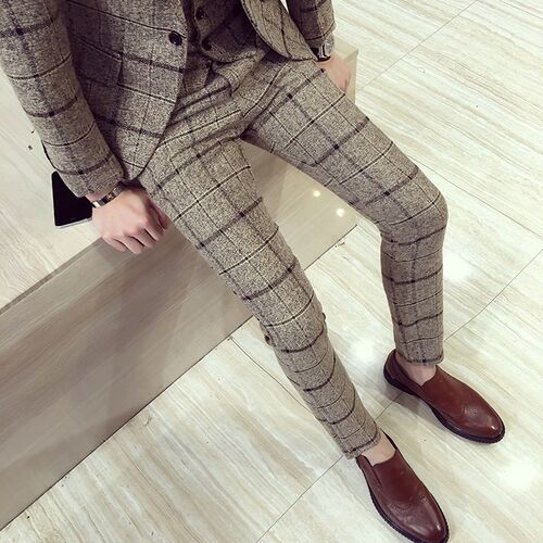Autumn Winter Mens Plaid Pants British Slim Fit Dress Pants