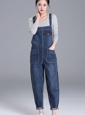 Fashion Loose Pocket Jeans Women Autumn Bib Pants Overalls S