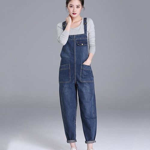 Fashion Loose Pocket Jeans Women Autumn Bib Pants Overalls S