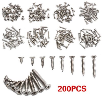 200Pcs Flat Head Self Tapping Screw Assortment Kit Round Hea