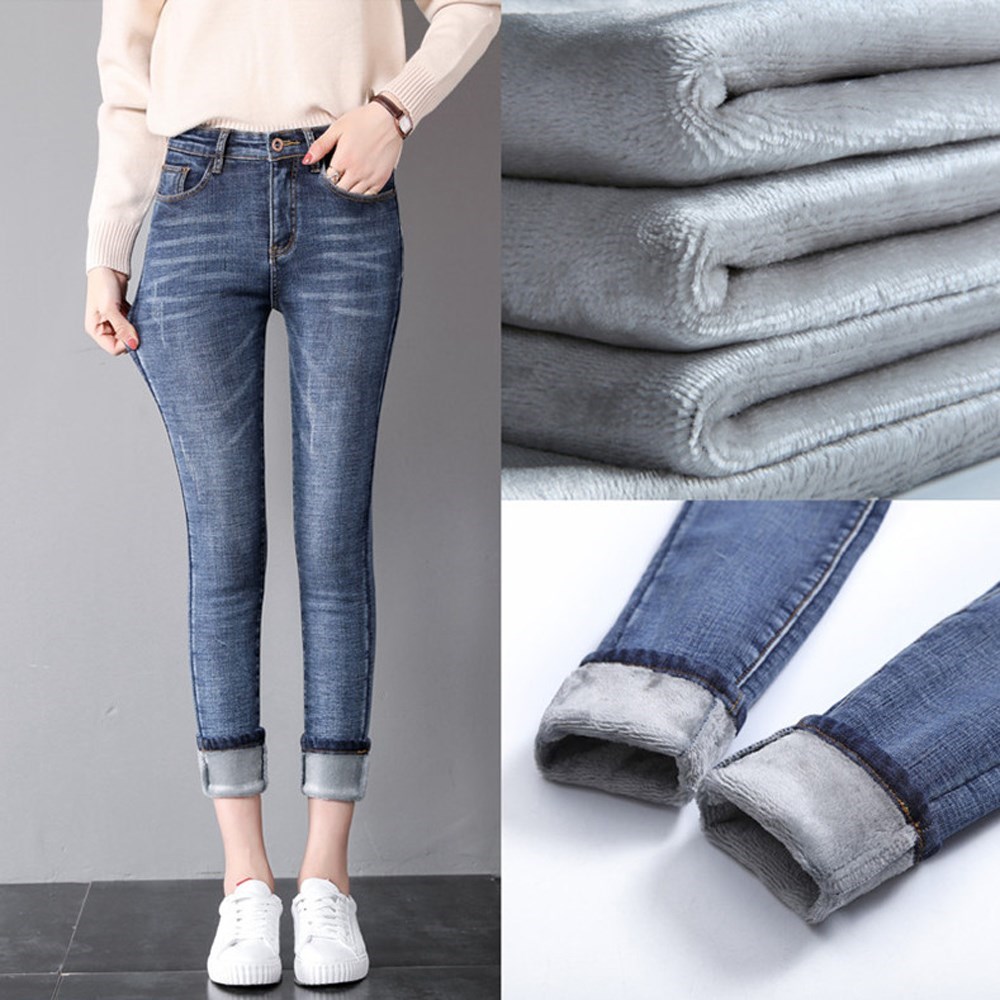 Women Ladies High Waist Fleece Lined Jeans Winter Solid Colo