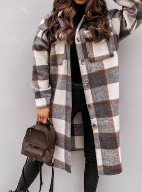 2021 Winter Checked Women Jacket Turn Down Overcoat Thin Pla