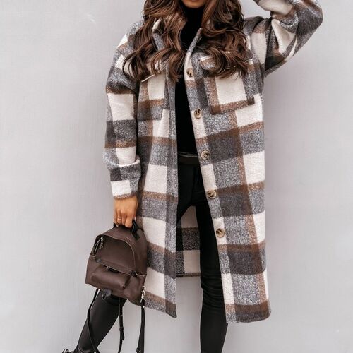 2021 Winter Checked Women Jacket Turn Down Overcoat Thin Pla