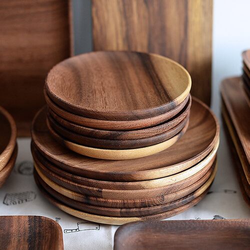 2pcs Round Wooden Plates Set High Quality Acacia Wood Cake D