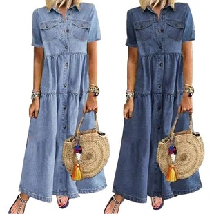 Denim Dress Retro Women Short Sleeve Turn Down Collar Pocket