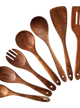 7 PCS Teak Wooden Kitchen Cooking Utensils, Non-Stick Spoons