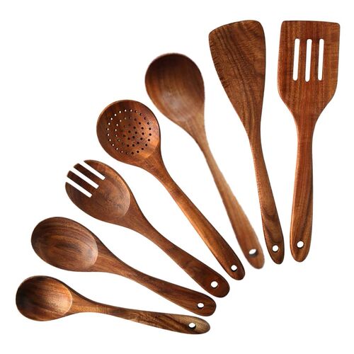 7 PCS Teak Wooden Kitchen Cooking Utensils, Non-Stick Spoons