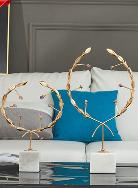 跨境欧式轻奢植物金属摆件高级感家居客厅水晶花环装饰礼品工艺品