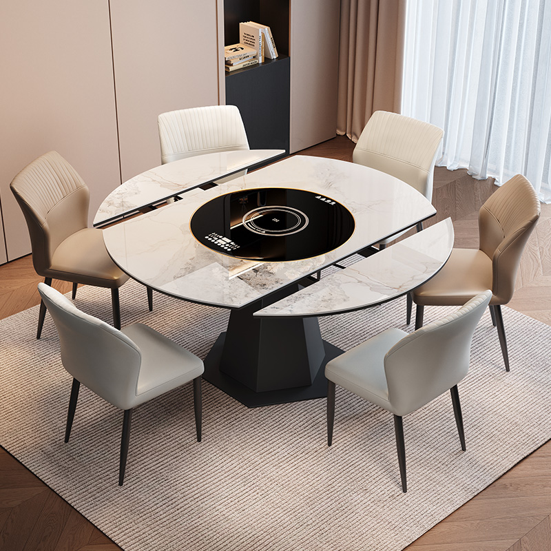 意式极简岩板餐桌带电磁炉方圆两用可旋转伸缩圆形内嵌暖菜转盘 - 封面