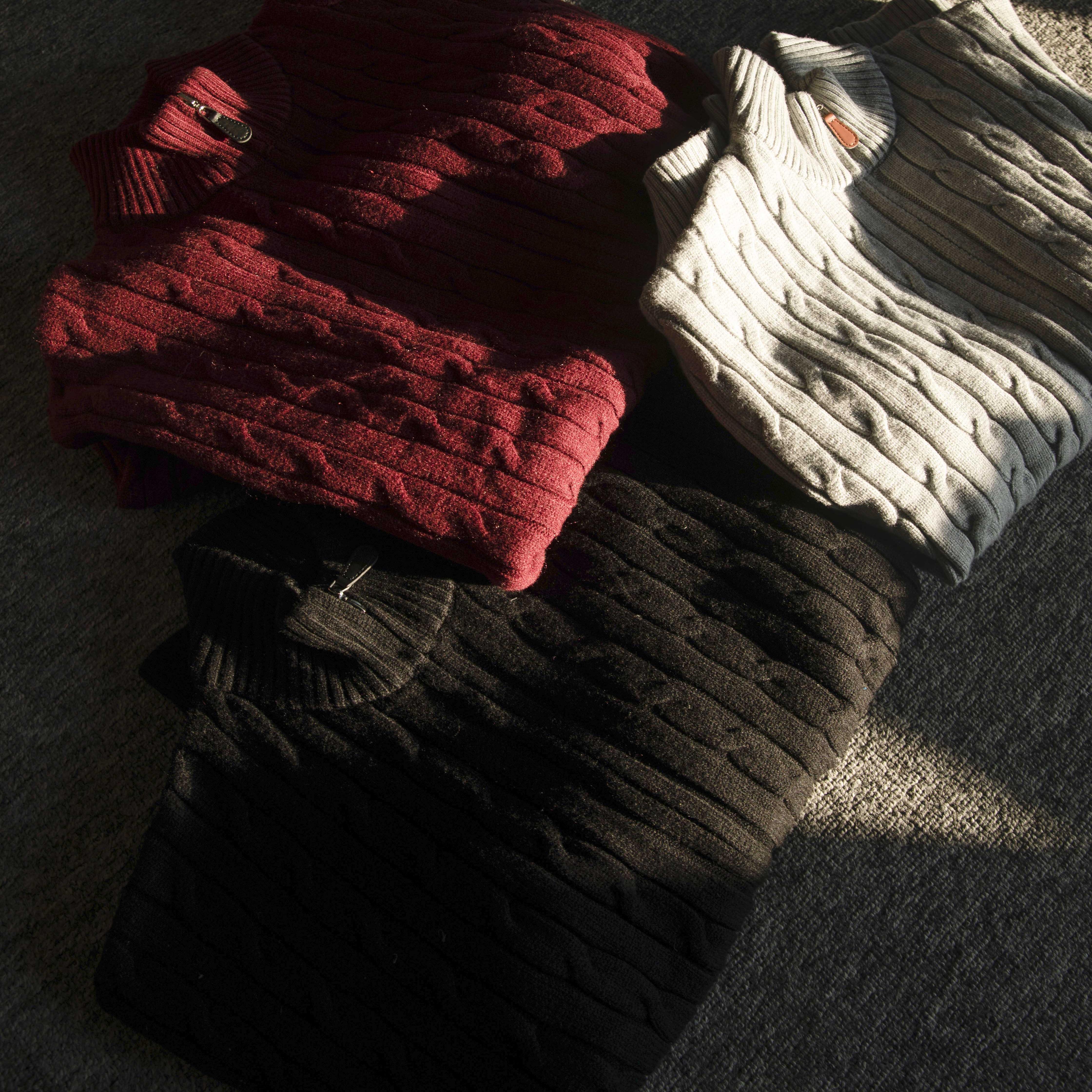 GTAL美式春季双拉链毛衣浮雕麻花纹粗针针织衫立领长袖纯色上衣