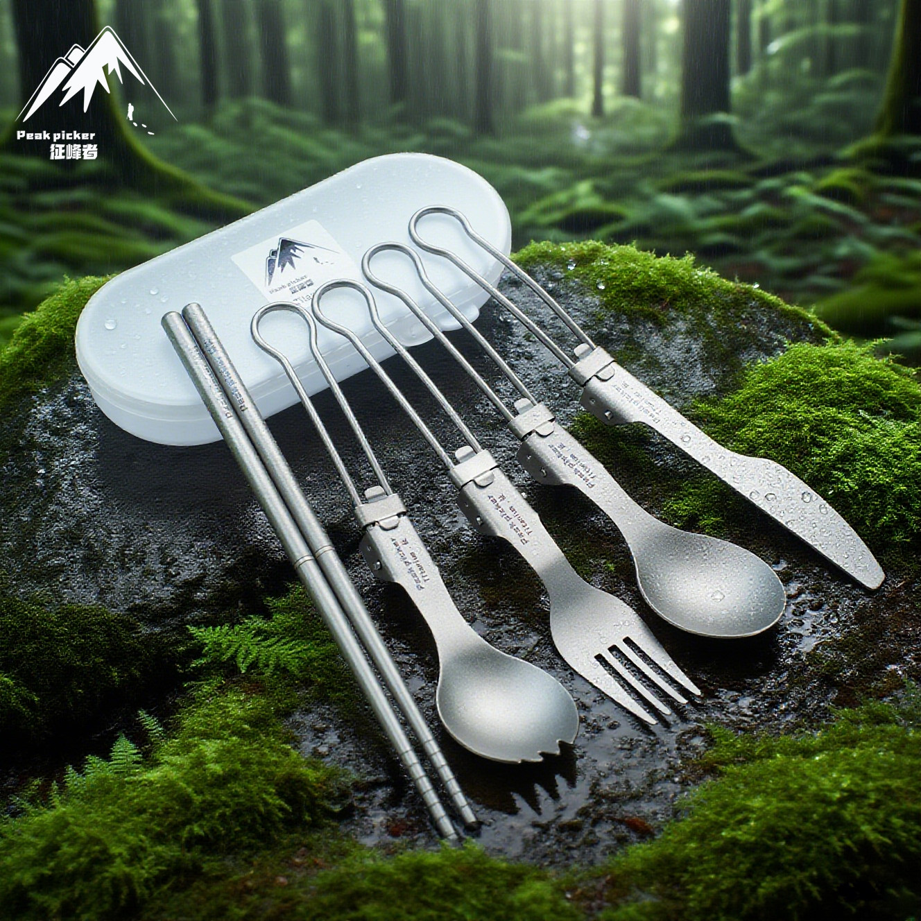 户外纯钛折叠勺子叉筷套装露营便携式钛餐具汤勺钛金属勺叉筷组合