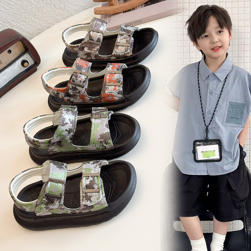 真皮男孩夏季软底迷彩沙滩凉鞋
