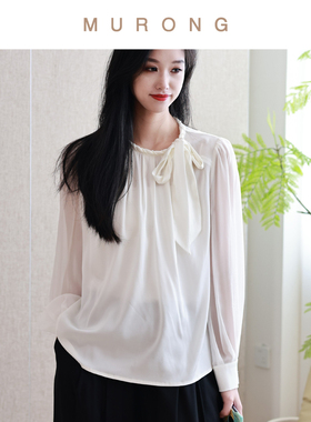 手工珍珠圆领飘带真丝衬衫重磅22姆米双乔缎套头上衣法式轻奢复古