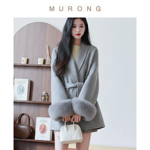 狐狸毛袖 浴袍外套腰带女 口蚕丝羊驼毛双面毛呢大衣重磅青果领短款