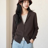 撞色假两件MIU风100%澳羊毛开衫 复古时髦圆领套头针织衫 简约休闲