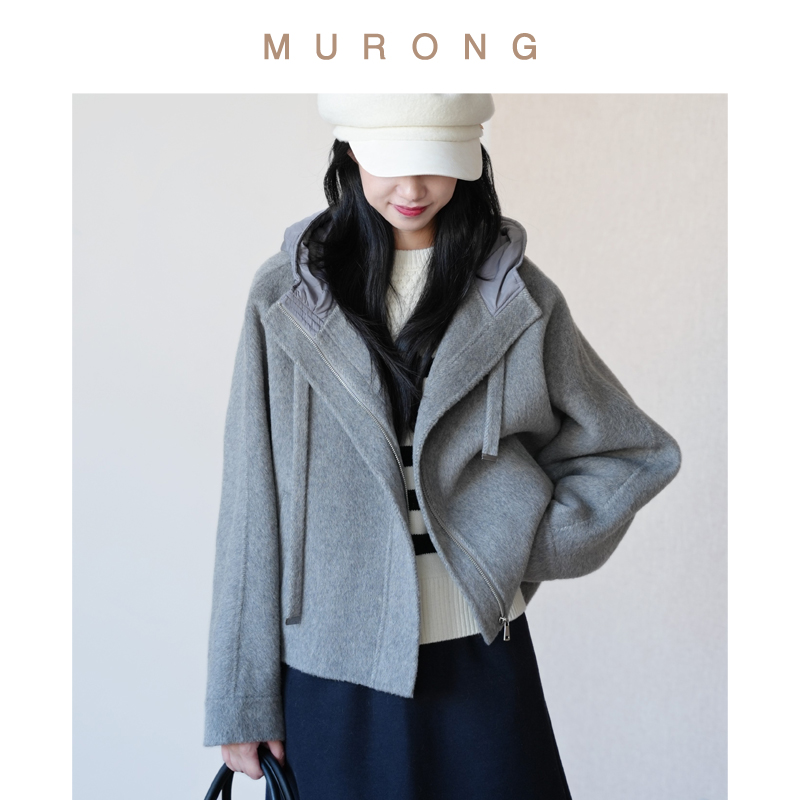 连帽短款高支10%牦牛绒毛呢大衣