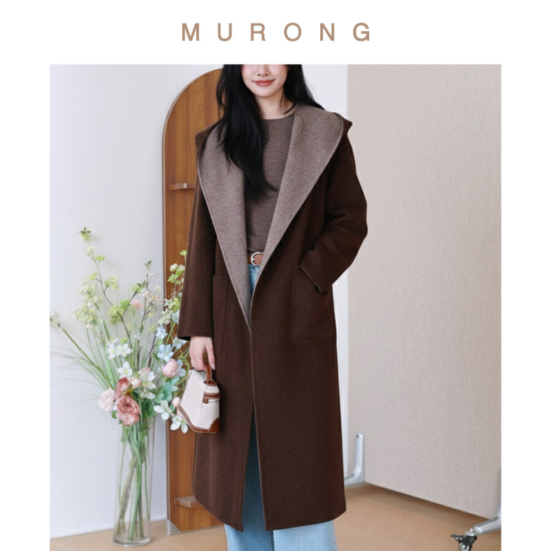 法式浴袍高支20%羊绒连帽双面毛呢大衣复古双色系带长款外套拼色