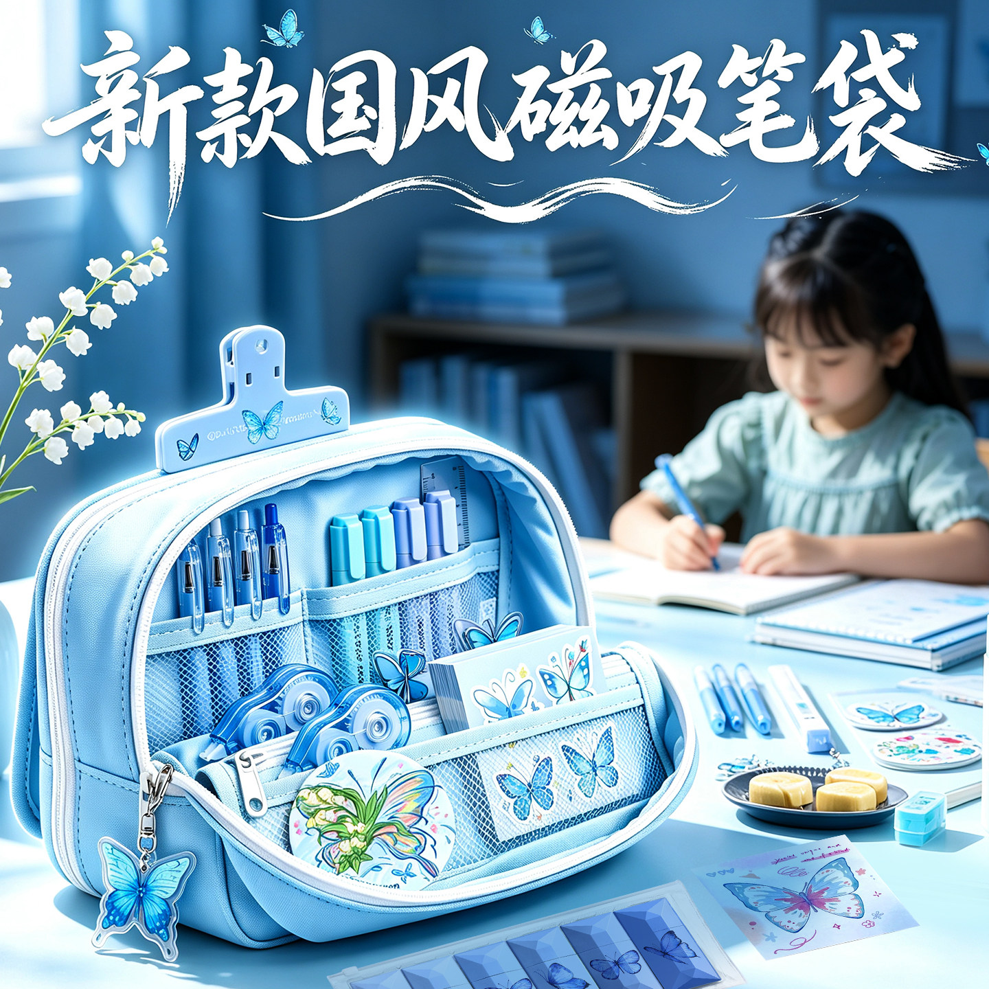 送礼推荐～14层蓝色蝴蝶笔袋
