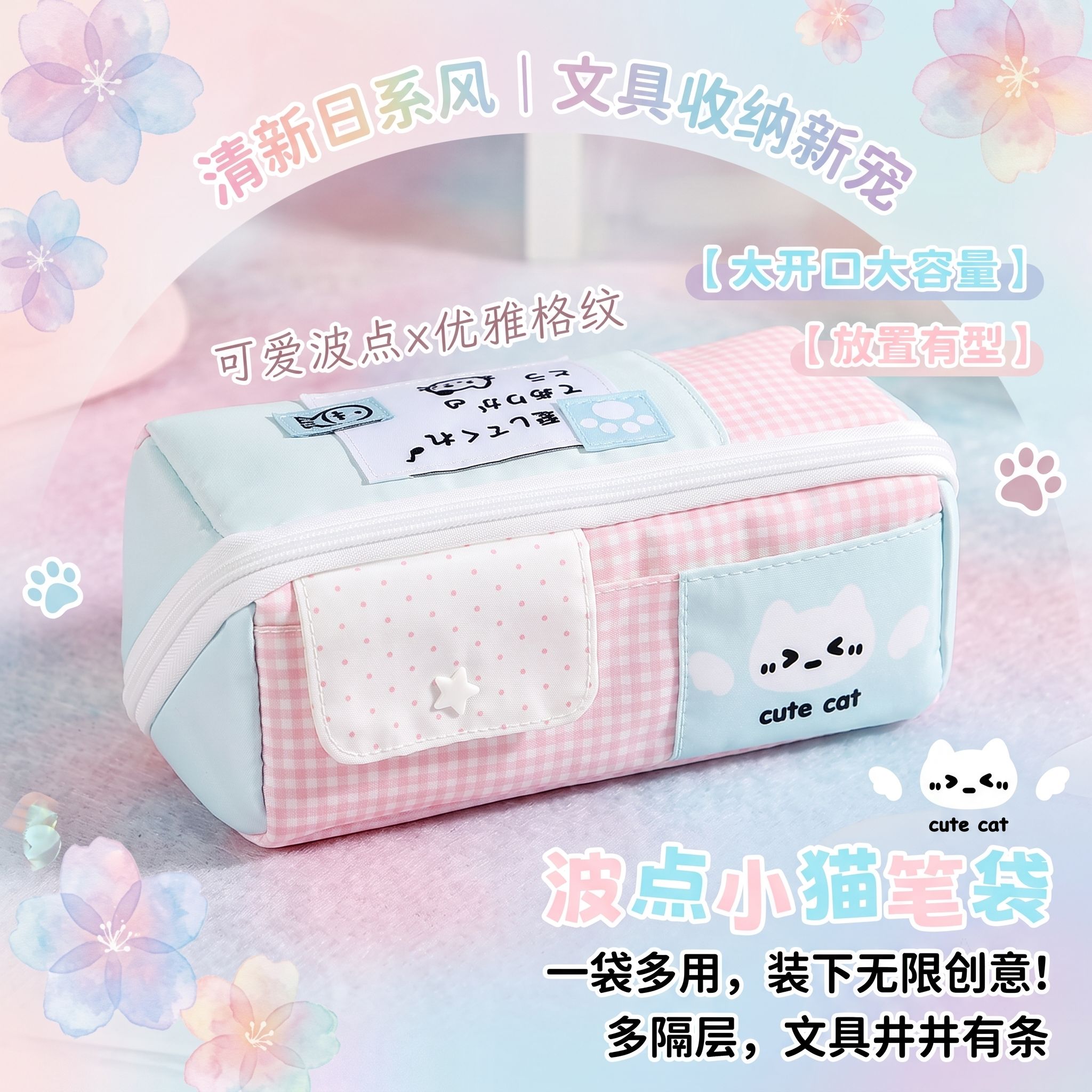 大开口日系小猫大容量笔袋