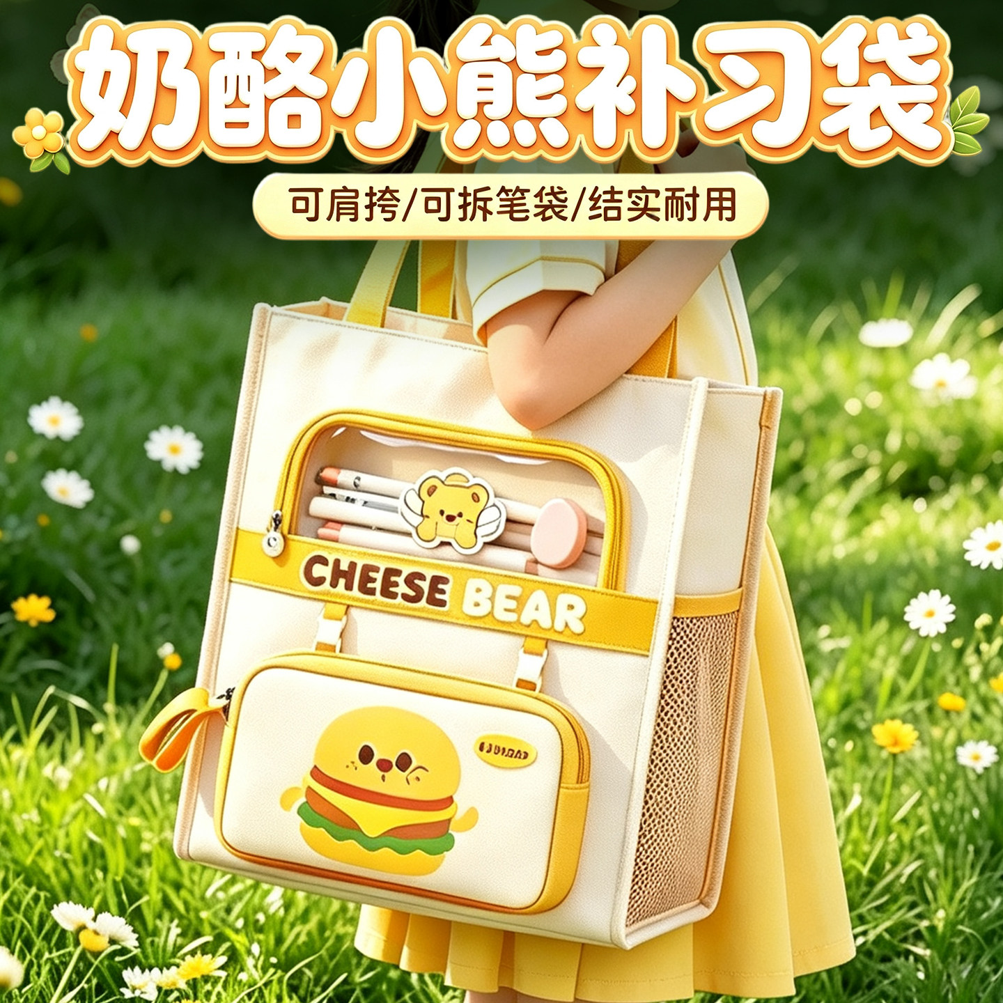 奶酪小熊补习袋学生高颜值大容量手提袋拎书袋小学生作业文件收纳袋补习班防水帆布袋可爱卡通ins风2026新款