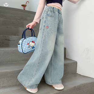女童烫钻牛仔裤春秋2026年新款中大童韩系直筒裤阔腿裤学生拖地裤