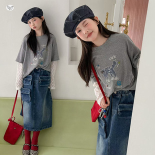 网袖拼接T恤女童2026年新款中大童格子猫咪假两件打底衫春秋上衣