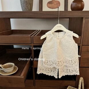 甜小司baby超美!女宝宝森系重工全刺钩花蕾丝背心阔腿裤洋气套装