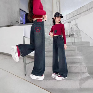 女童牛仔裤厂家批发春秋2026新款中大童阔腿裤洋气潮儿童休闲裤子